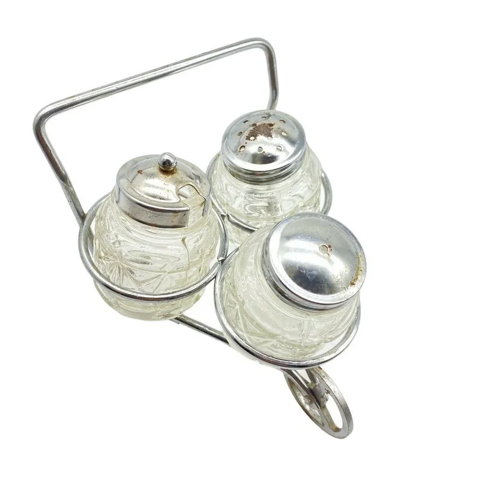 Vintage Glass Salt Pepper Mustard Condiment Set Wheelbarrow Caddy Metal‎ Holder